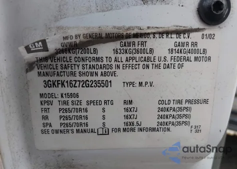 2002 GMC Yukon Xl 1500 Slt из США, поврежденный, VIN 3GKFK16Z72G235501